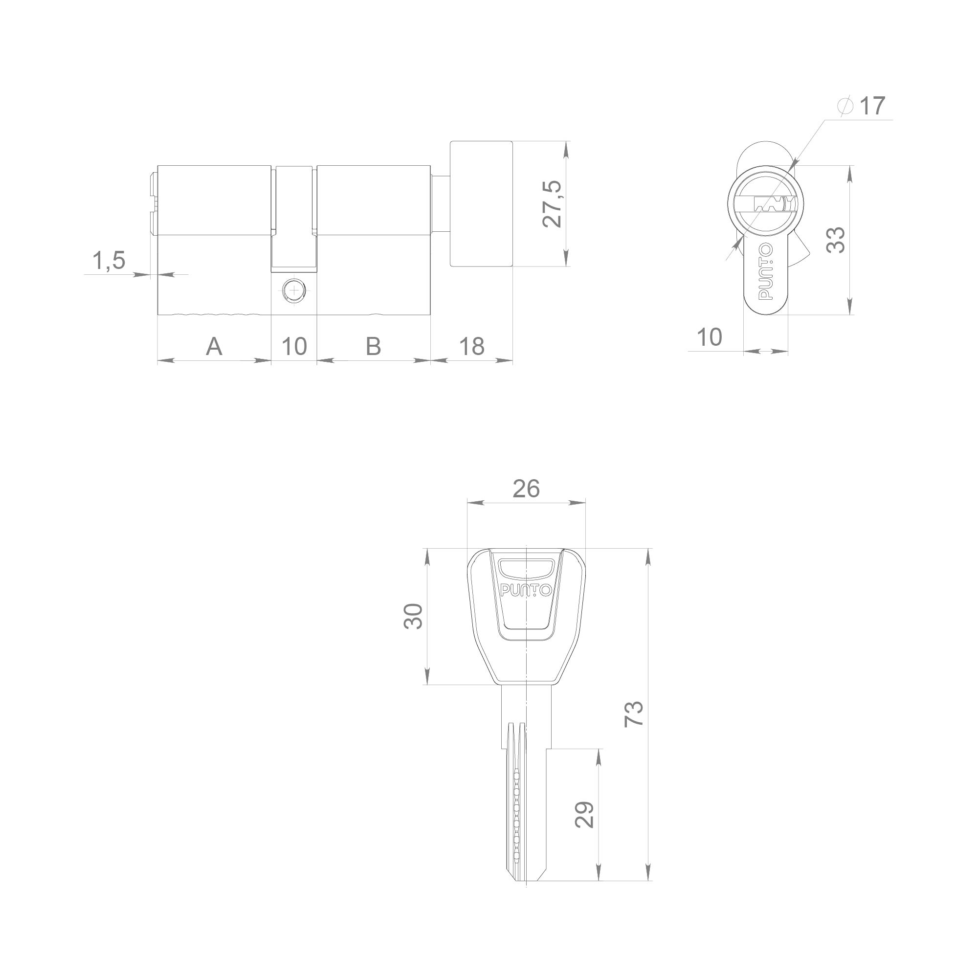 Цилиндровый Punto (Пунто) механизм (A202/100) A2002Knob100(45+10+45) с вертушкой SN никель