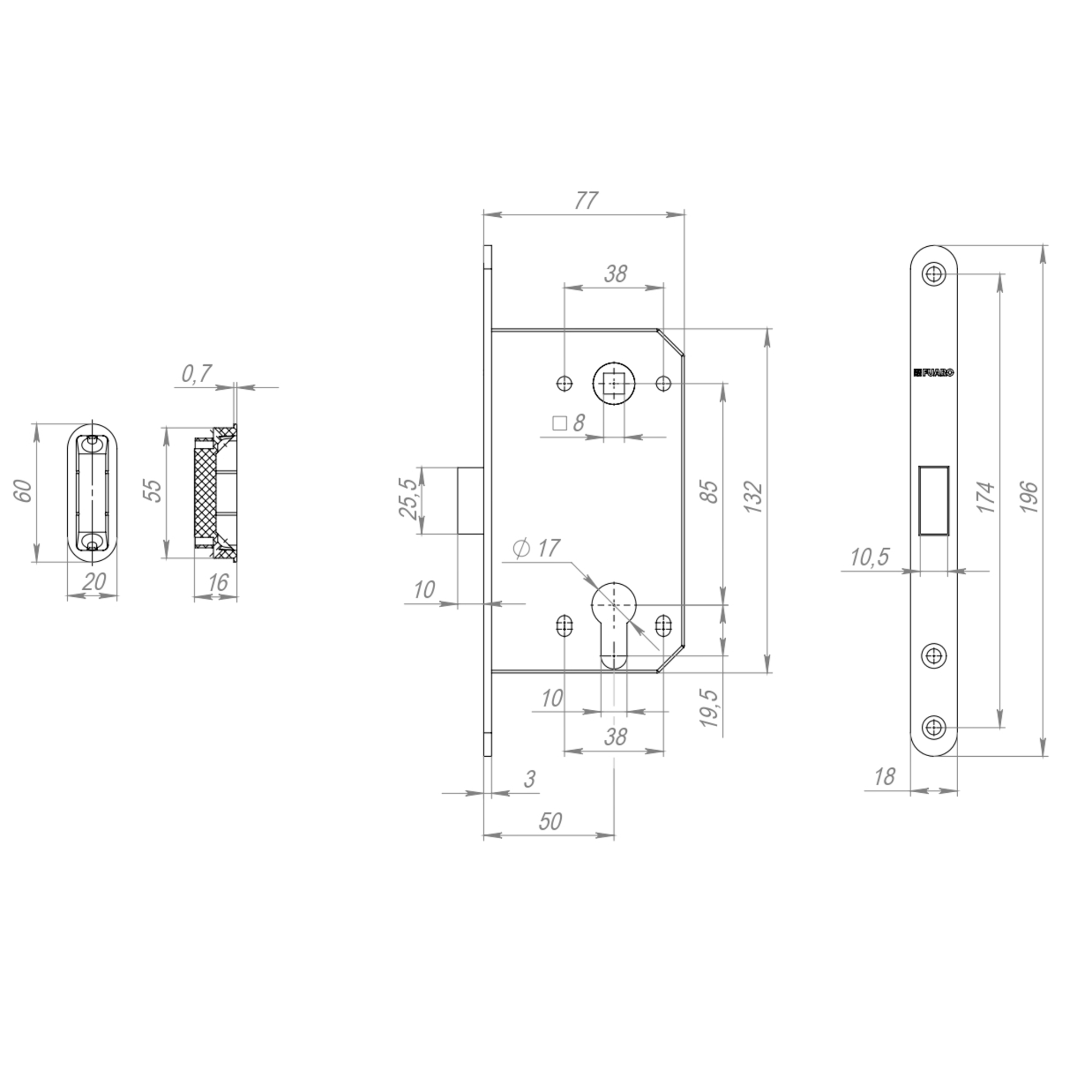 Корпус Fuaro (Фуаро) врезного замка MAGNM85C-50/BL INOX CP-8 хром (блистер)