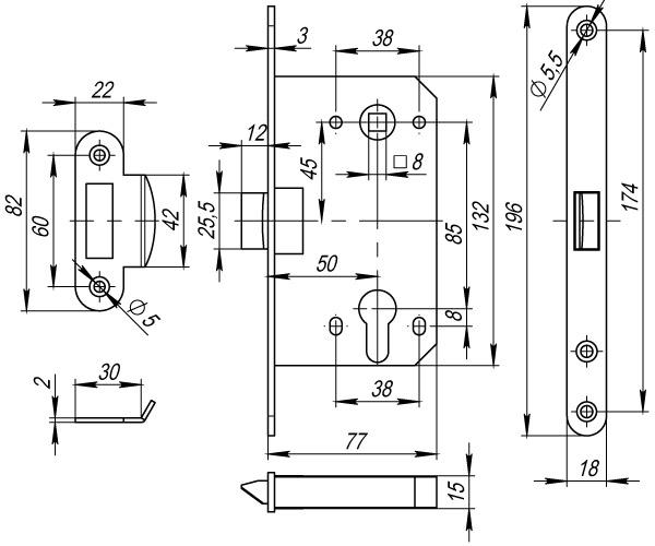 Корпус Fuaro (Фуаро) врезного замка c защёлкой PLASTP85C-50 (P85C-50) AB бронза