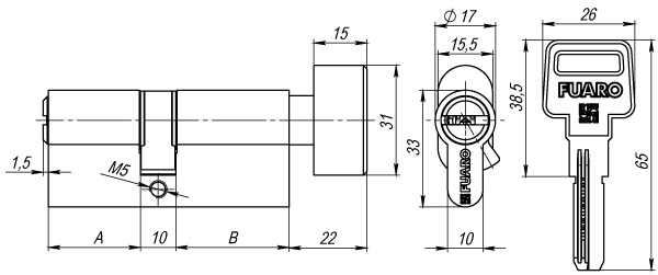 Цилиндровый Fuaro (Фуаро) механизм (R602/100) R6002Knob100(45+10+45) CP хром 5Key с вертушкой