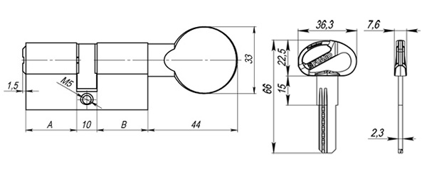 Цилиндровый Fuaro (Фуаро) механизм (D-PRO502/110) D-PRO5002Knob110(45+10+55) CP хром 5Key