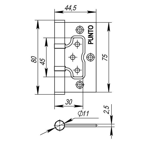 Петля Punto (Пунто) универсальная без врезки IN3200W SC (200-2B 75x2,5) мат. хром