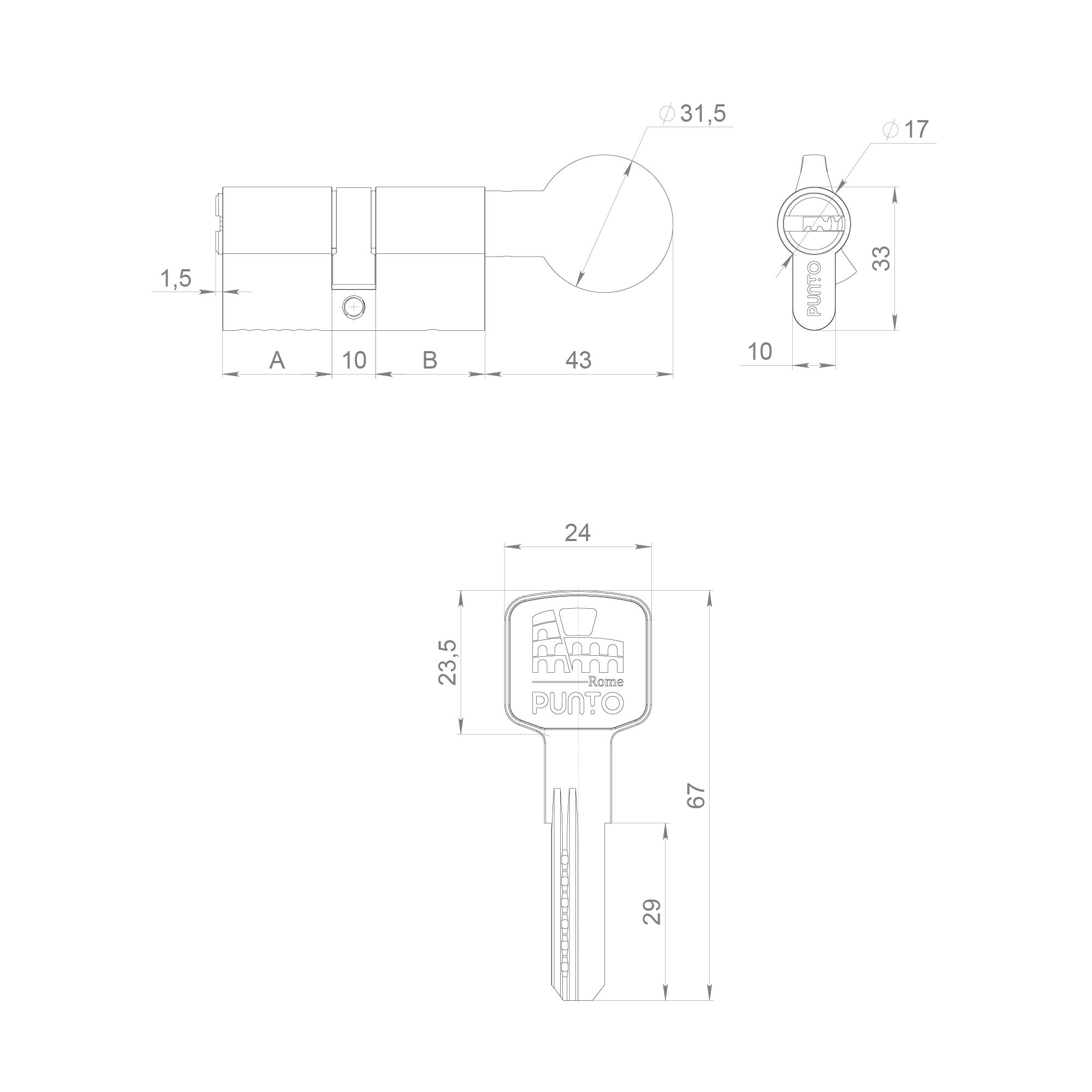 Цилиндровый Punto (Пунто) механизм Z3002Knob120(55+10+55) с вертушкой CP хром