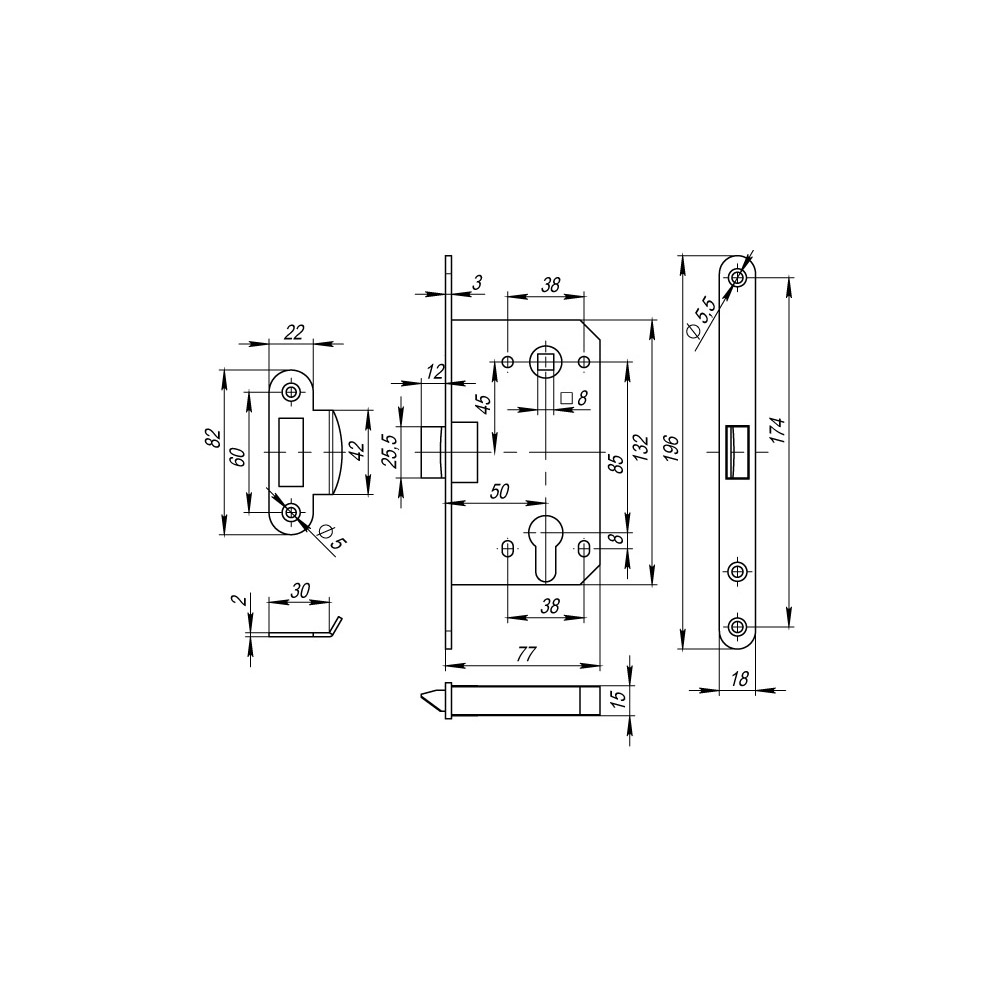 Корпус Fuaro (Фуаро) врезного замка c защёлкой PLASTP85C-50 (P85C-50) SSC сатинированный хром