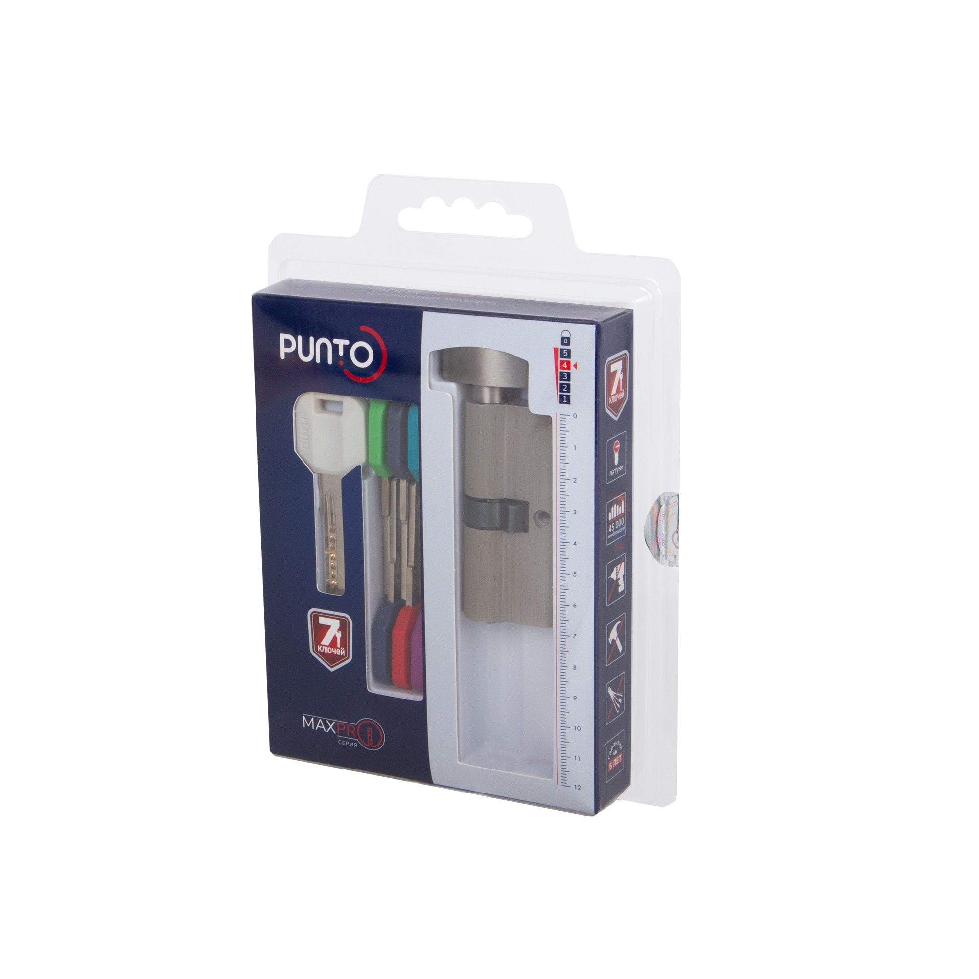 Цилиндровый Punto (Пунто) механизм MaxPro7002Knob90mm(55+10+25) SN никель 7key с вертушкой